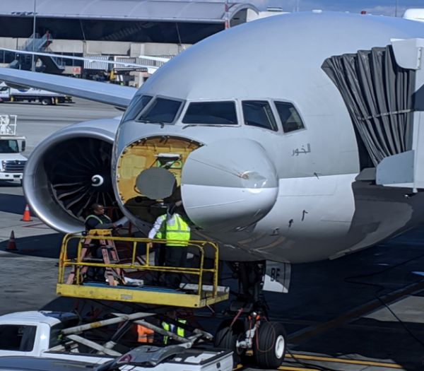 Aircraft facing a technical issue (dented nose) Aircraft facing a technical issue (dented nose)